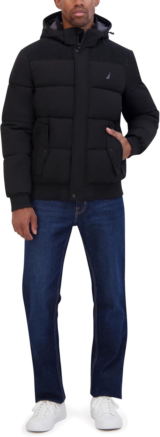 imageNautica Mens Lightweight Mix Media Bomber Jacket Mechanical Stretch WaterResistant CoatBlack