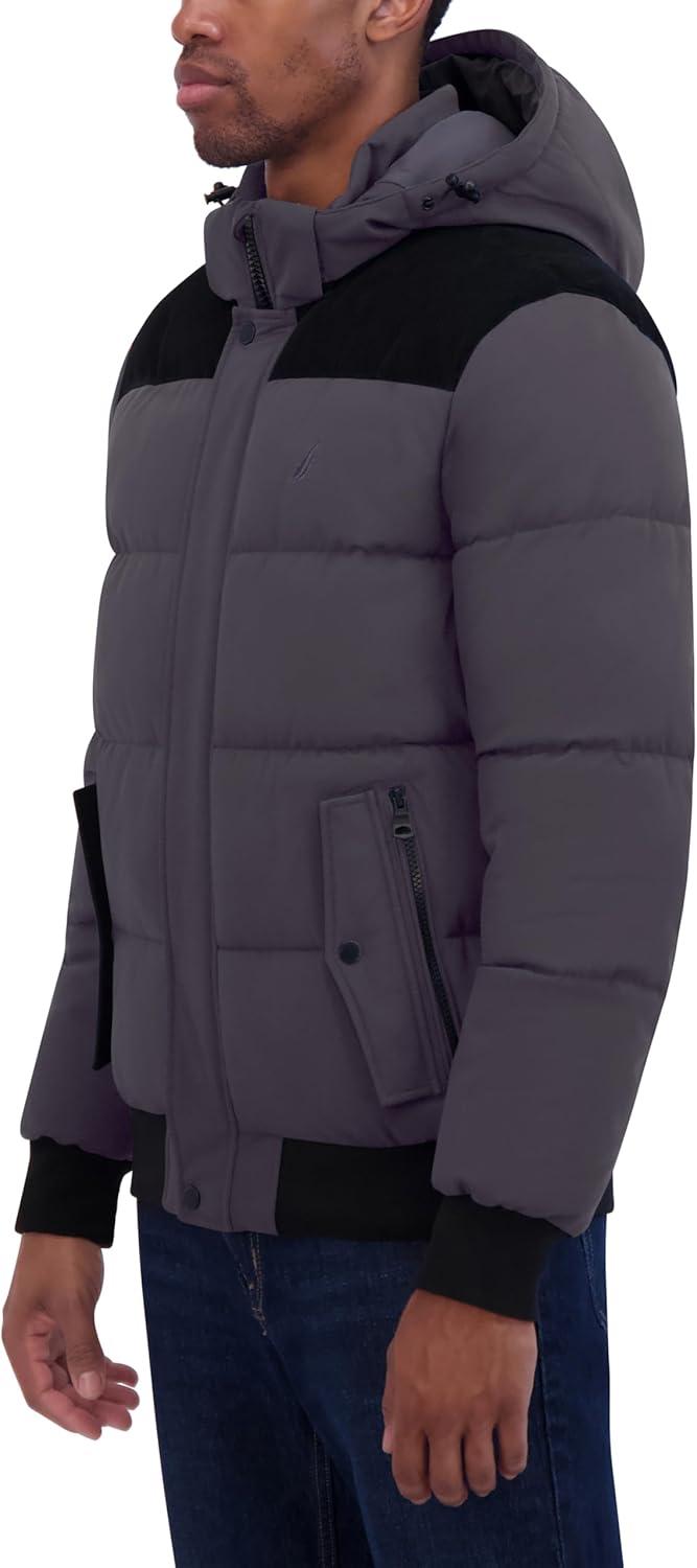 imageNautica Mens Lightweight Mix Media Bomber Jacket Mechanical Stretch WaterResistant CoatMetal Grey