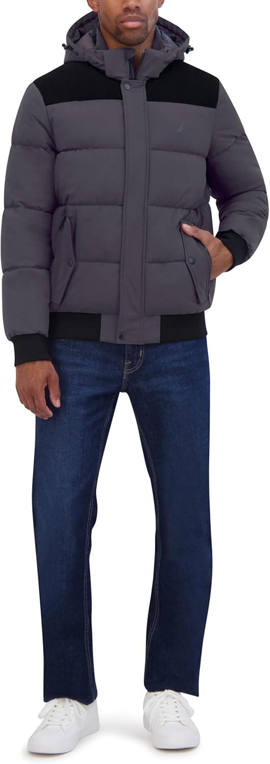 imageNautica Mens Lightweight Mix Media Bomber Jacket Mechanical Stretch WaterResistant CoatMetal Grey