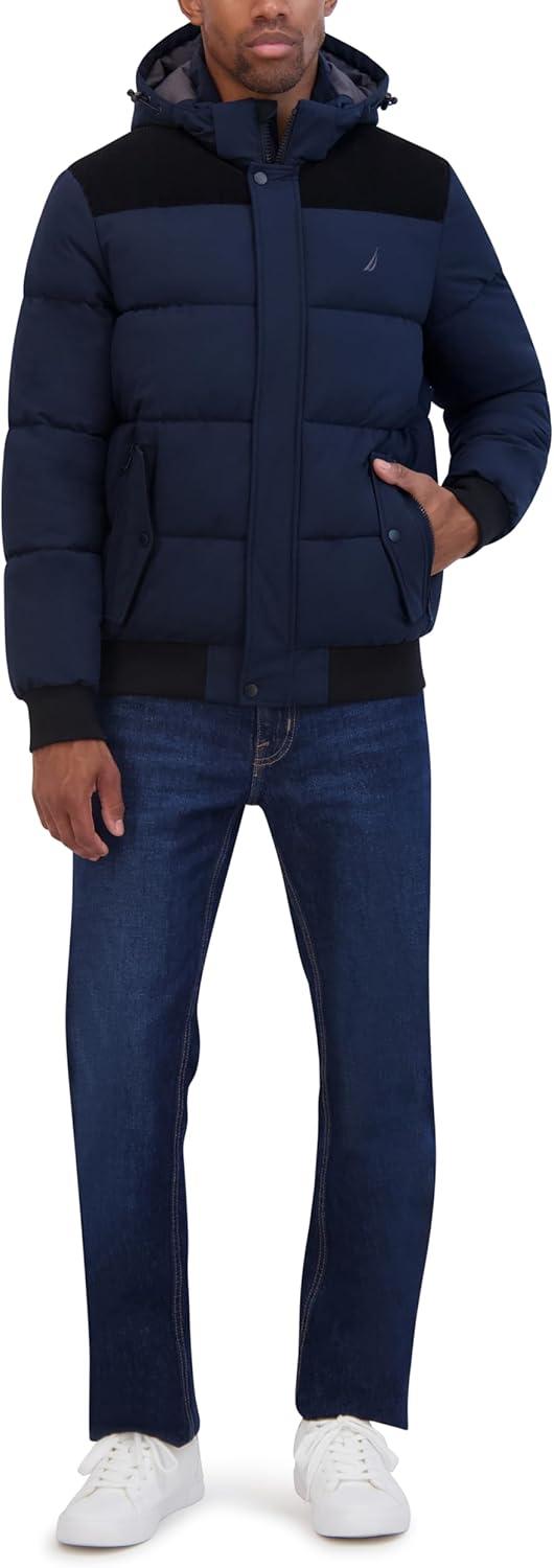imageNautica Mens Lightweight Mix Media Bomber Jacket Mechanical Stretch WaterResistant CoatNavy