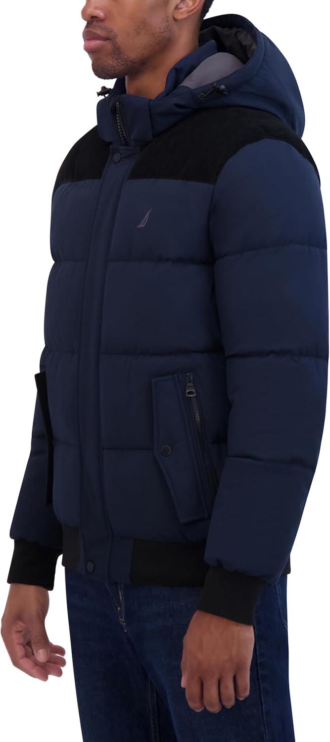 imageNautica Mens Lightweight Mix Media Bomber Jacket Mechanical Stretch WaterResistant CoatNavy
