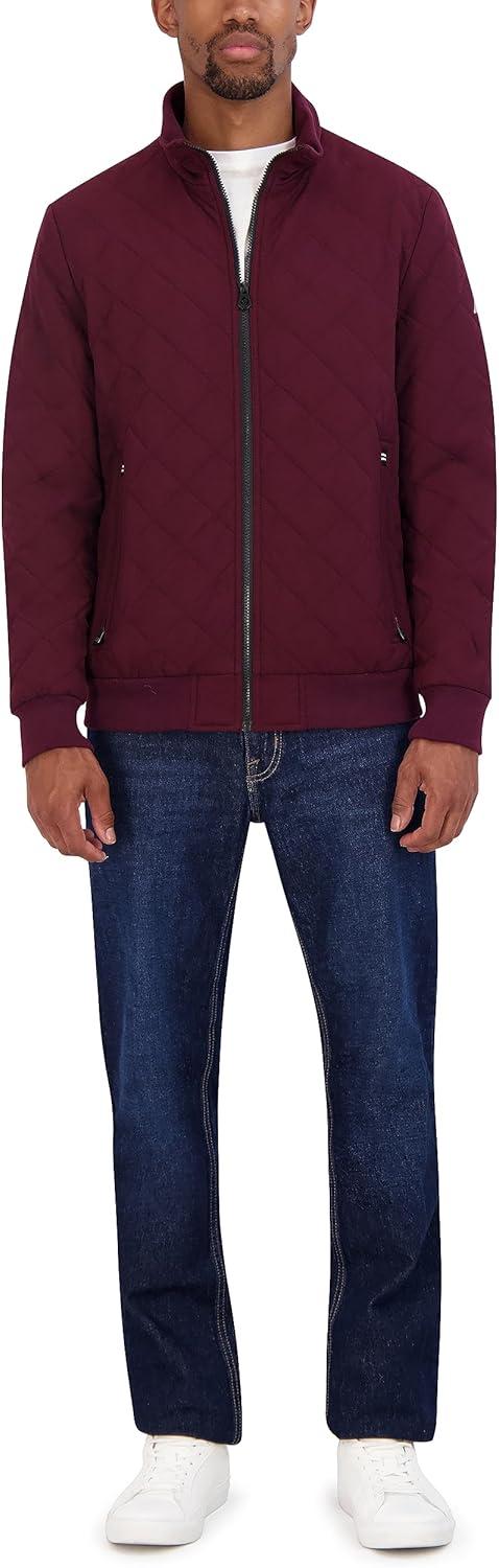 imageNautica Mens Lightweight Quilted Bomber Jacket Mechanical Stretch Wind amp WaterresistantBurg