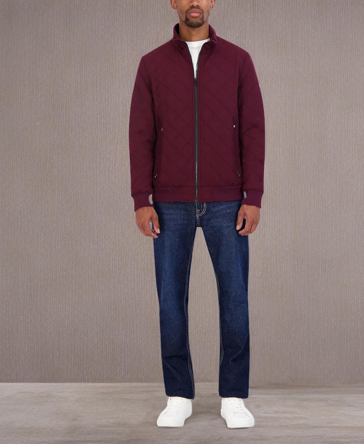 imageNautica Mens Lightweight Quilted Bomber Jacket Mechanical Stretch Wind amp WaterresistantBurg