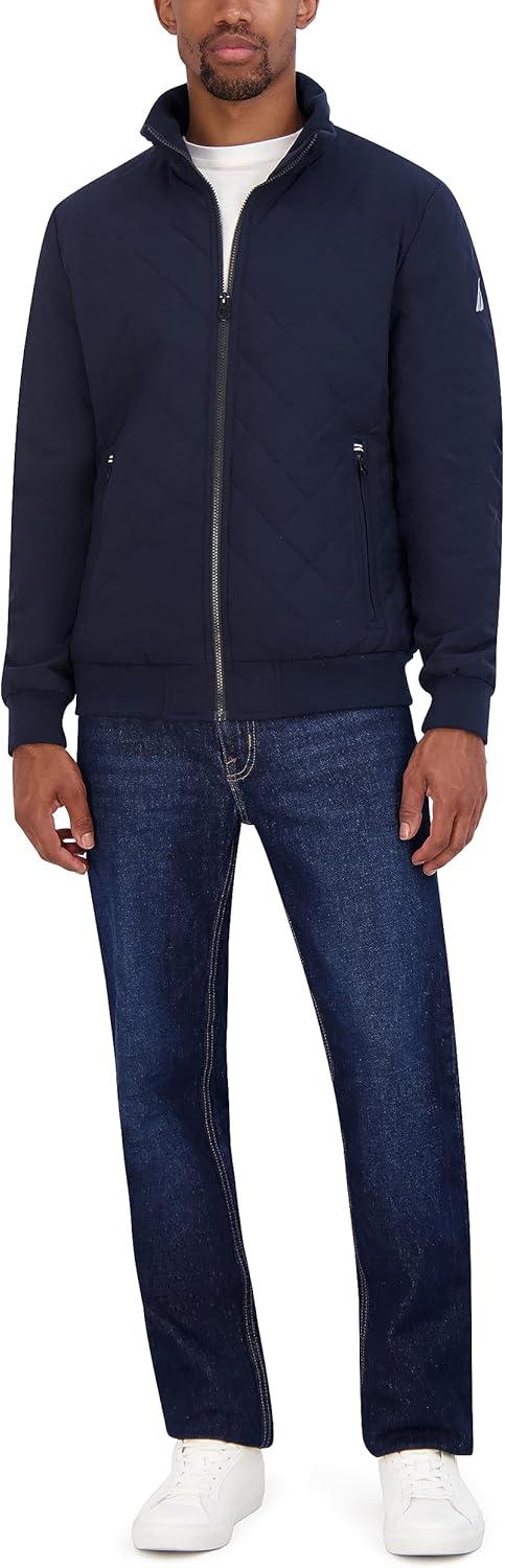 imageNautica Mens Lightweight Quilted Bomber Jacket Mechanical Stretch Wind amp WaterresistantOcean