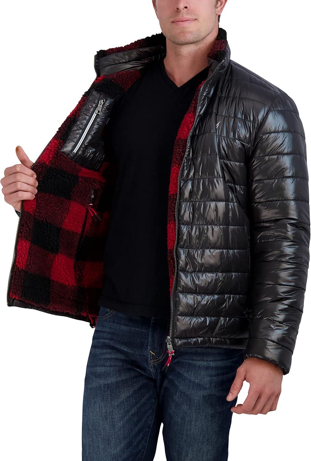 imageNautica Mens Lightweight Quilted Puffer Jacket Full Zip Transitional OuterwearBlackRed