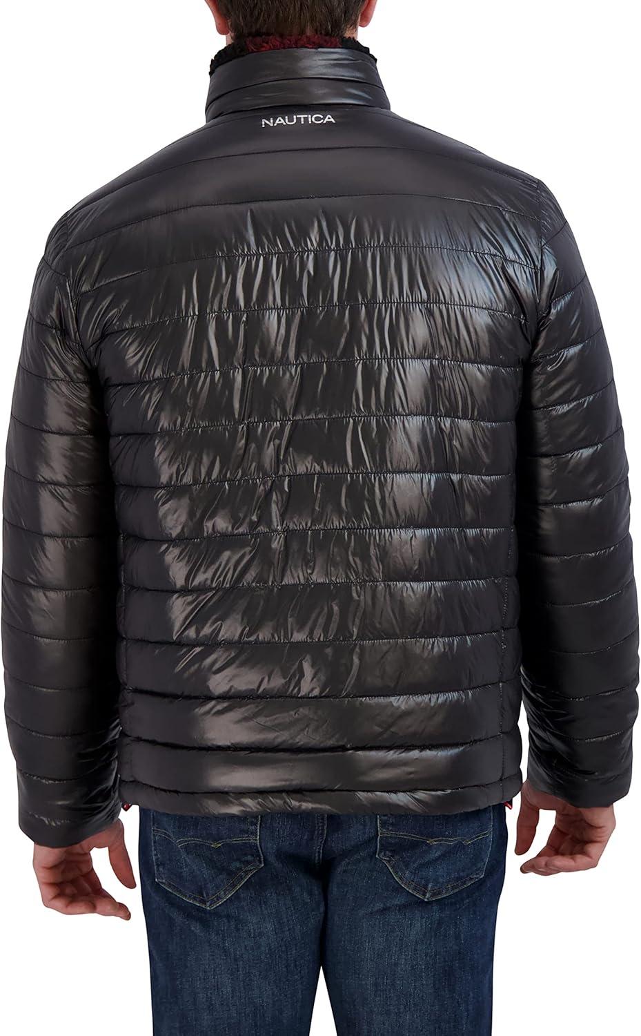 imageNautica Mens Lightweight Quilted Puffer Jacket Full Zip Transitional OuterwearBlackRed
