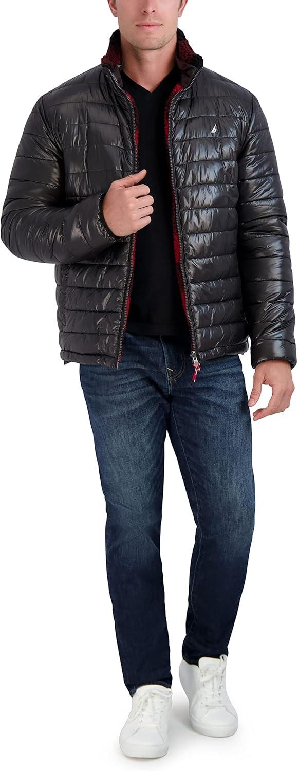 imageNautica Mens Lightweight Quilted Puffer Jacket Full Zip Transitional OuterwearBlackRed