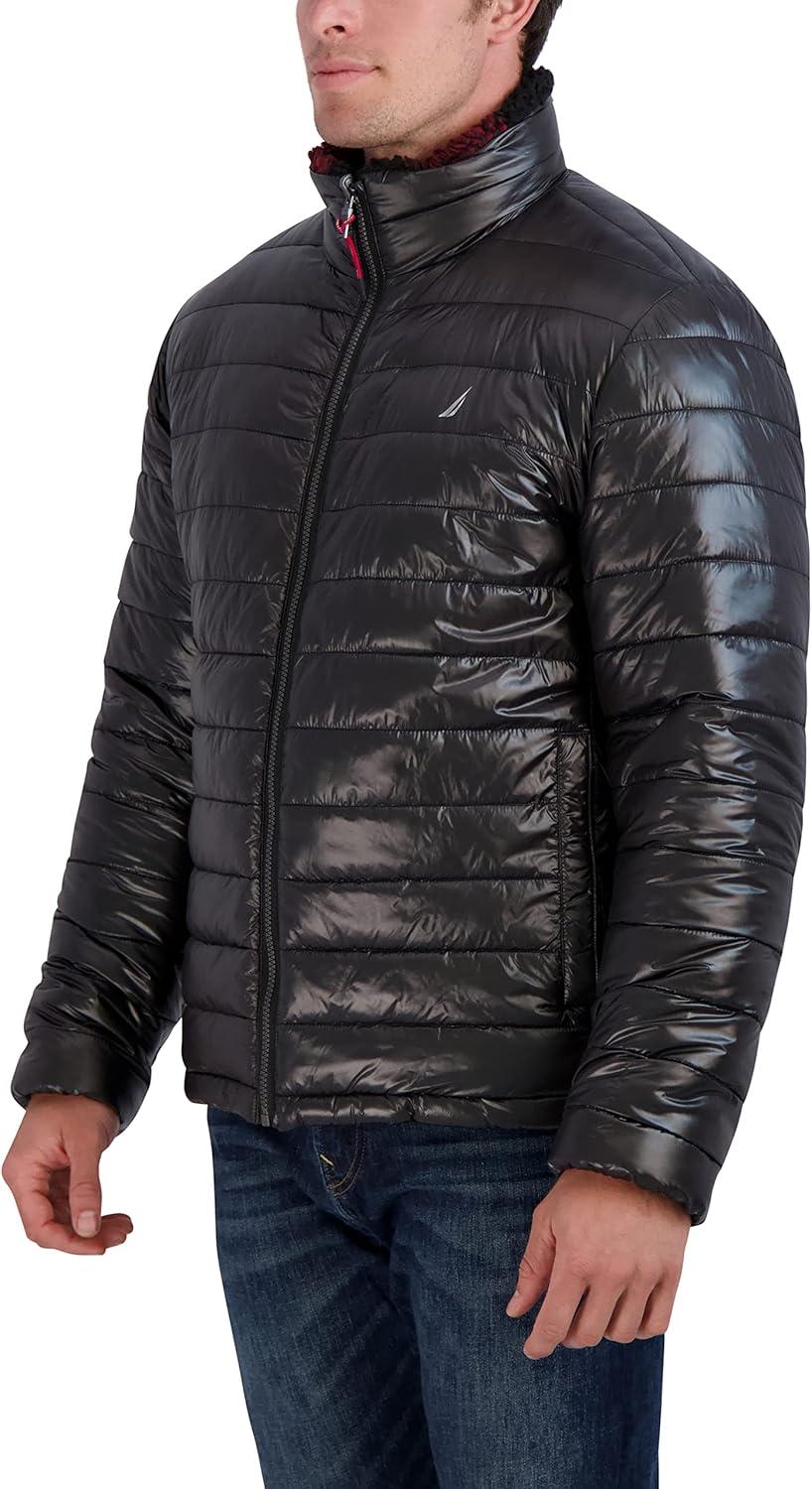imageNautica Mens Lightweight Quilted Puffer Jacket Full Zip Transitional OuterwearBlackRed