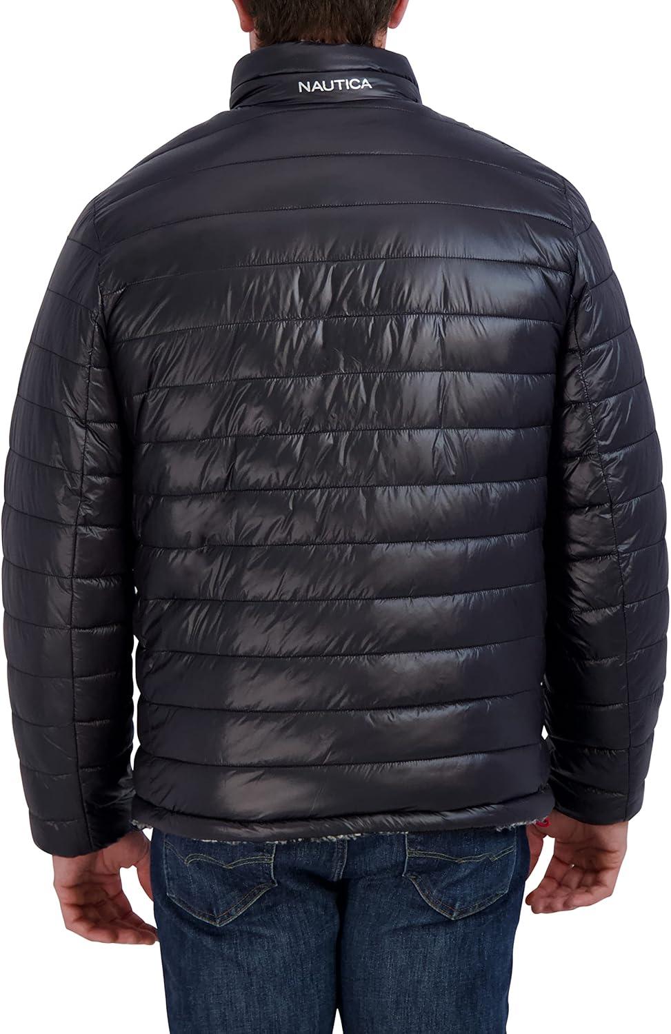 imageNautica Mens Lightweight Quilted Puffer Jacket Full Zip Transitional OuterwearBlackWhite