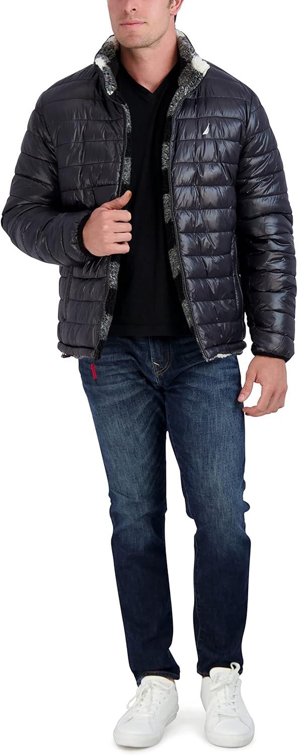 imageNautica Mens Lightweight Quilted Puffer Jacket Full Zip Transitional OuterwearBlackWhite