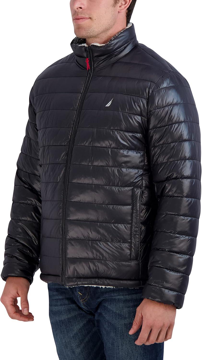 imageNautica Mens Lightweight Quilted Puffer Jacket Full Zip Transitional OuterwearBlackWhite