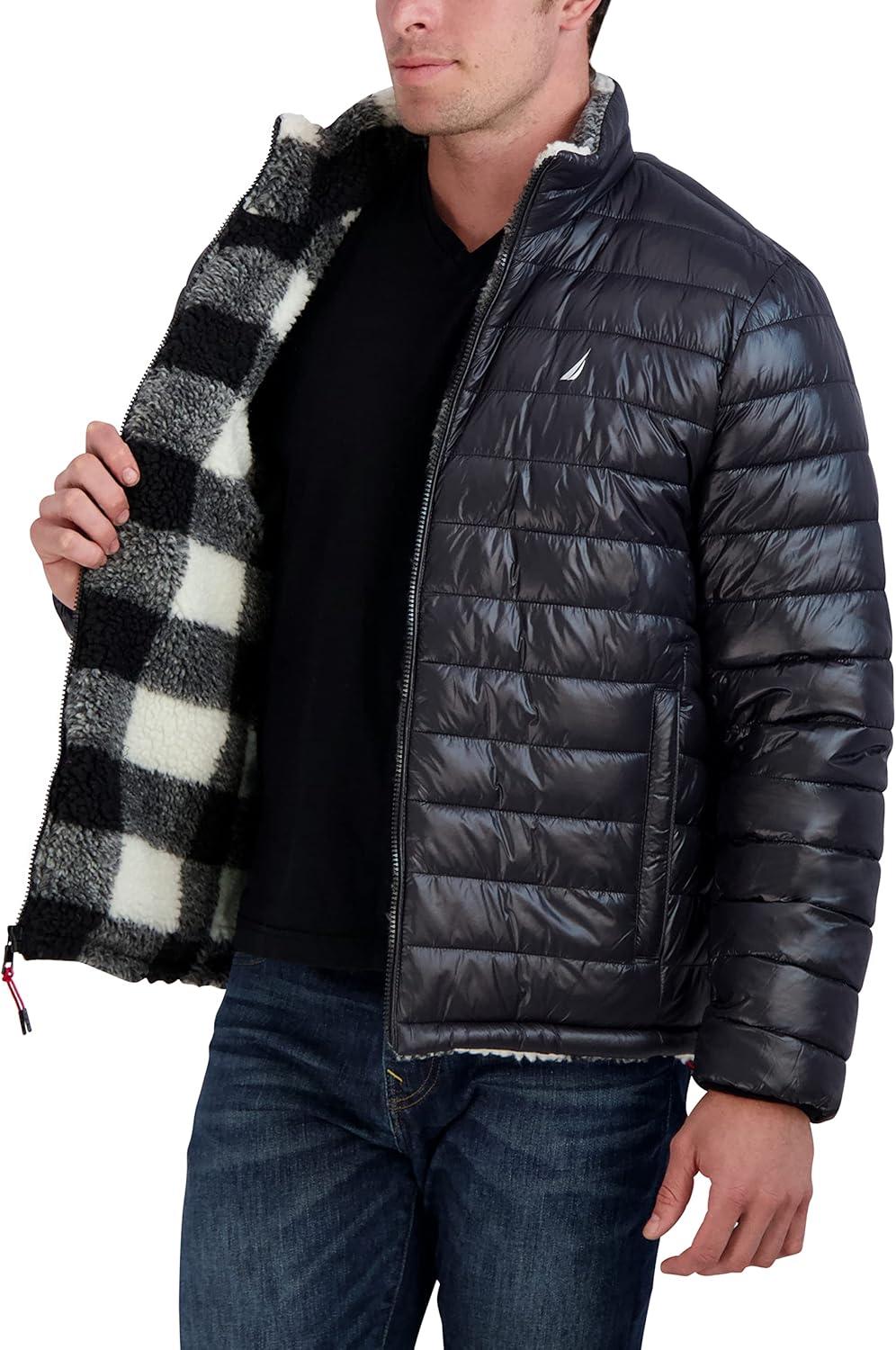 imageNautica Mens Lightweight Quilted Puffer Jacket Full Zip Transitional OuterwearBlackWhite