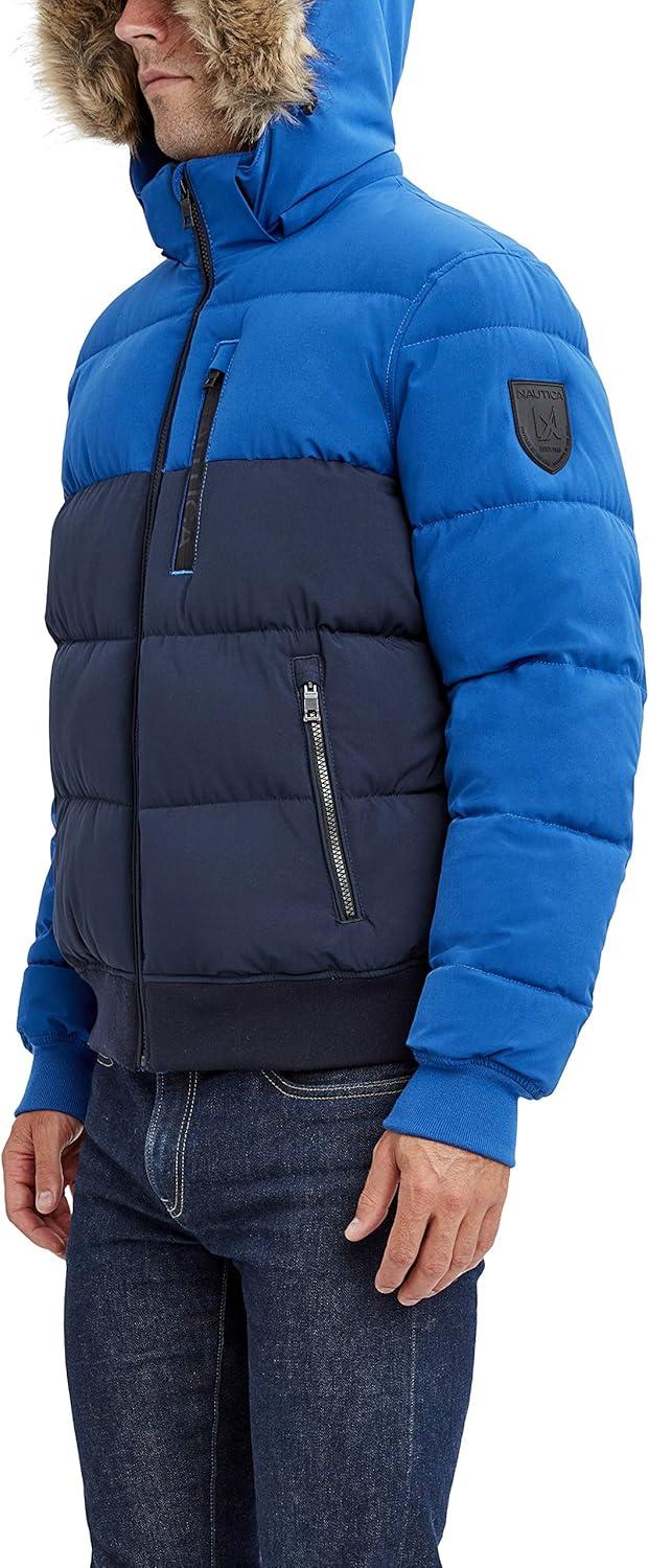 imageNautica Mens Midweight Faux Memory Puffer Jacket Adjustable Hood Insulated Quilted Winter CoatBluNvy