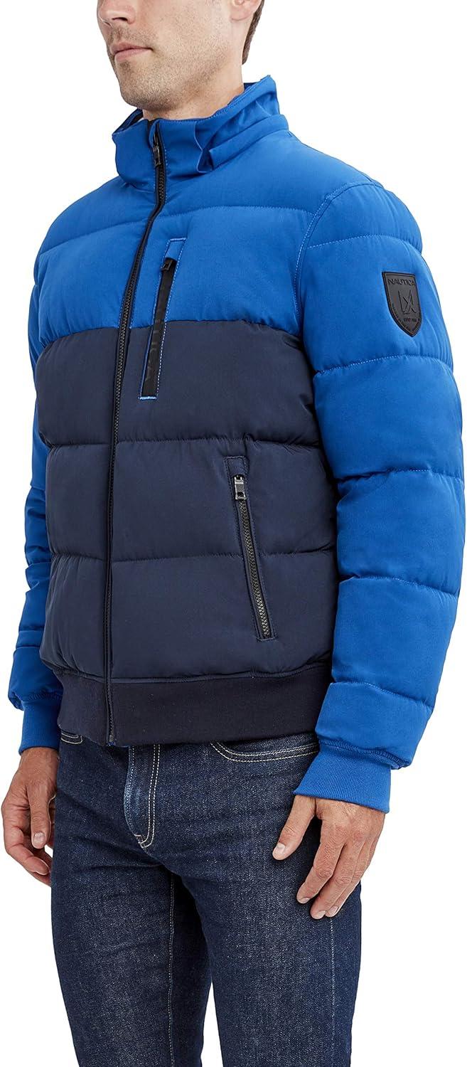 imageNautica Mens Midweight Faux Memory Puffer Jacket Adjustable Hood Insulated Quilted Winter CoatBluNvy