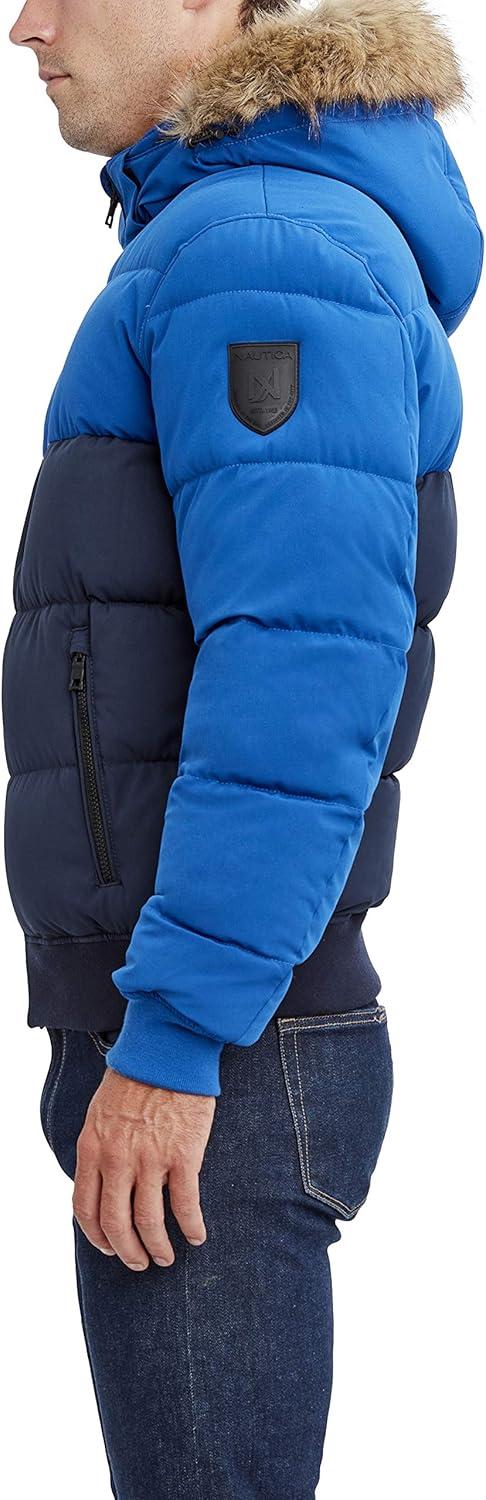 imageNautica Mens Midweight Faux Memory Puffer Jacket Adjustable Hood Insulated Quilted Winter CoatBluNvy