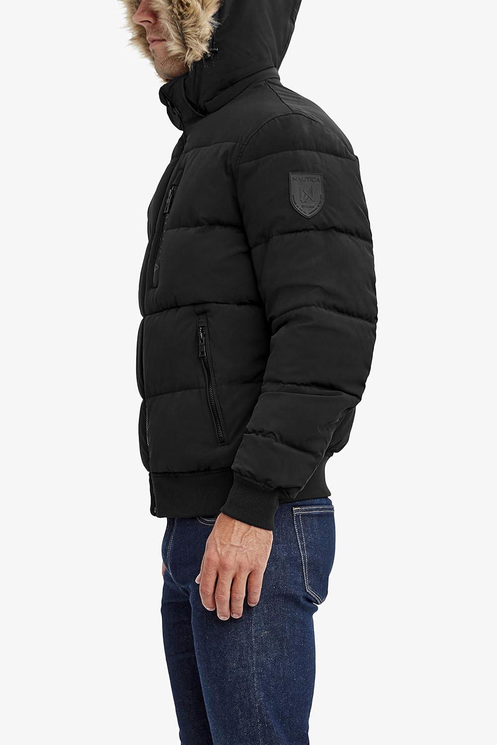 imageNautica Mens Midweight Faux Memory Puffer Jacket Adjustable Hood Insulated Quilted Winter CoatCaviar