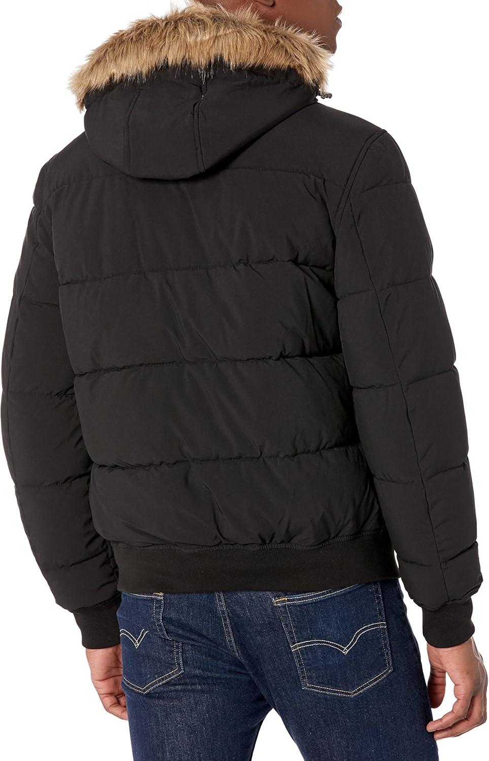 imageNautica Mens Midweight Faux Memory Puffer Jacket Adjustable Hood Insulated Quilted Winter CoatCaviar