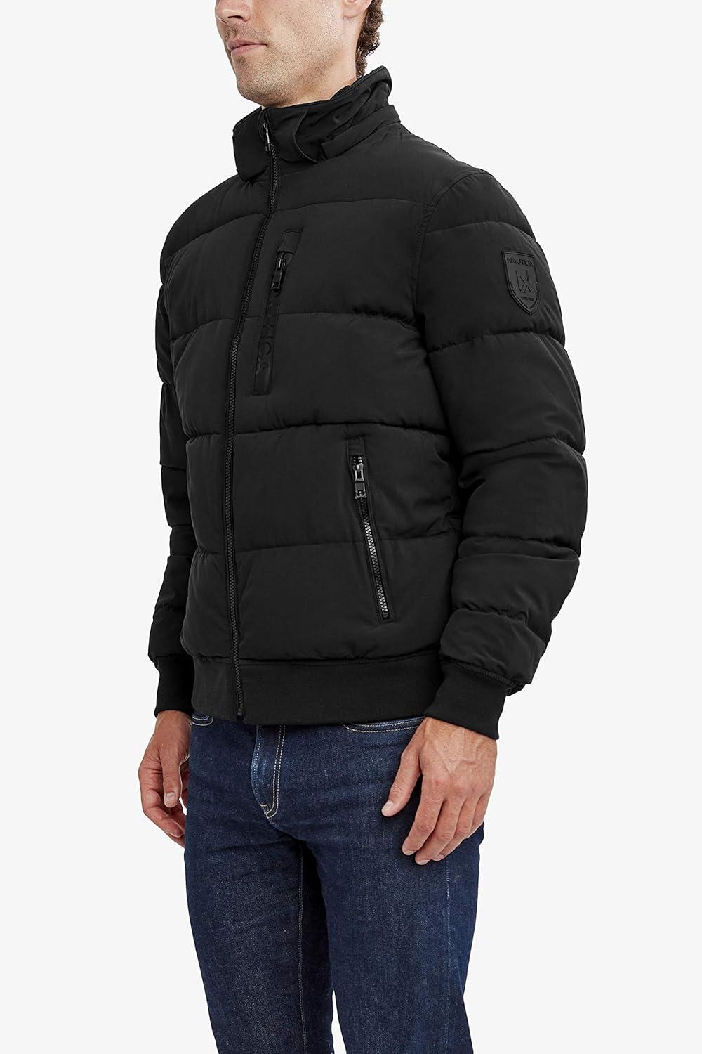 imageNautica Mens Midweight Faux Memory Puffer Jacket Adjustable Hood Insulated Quilted Winter CoatCaviar