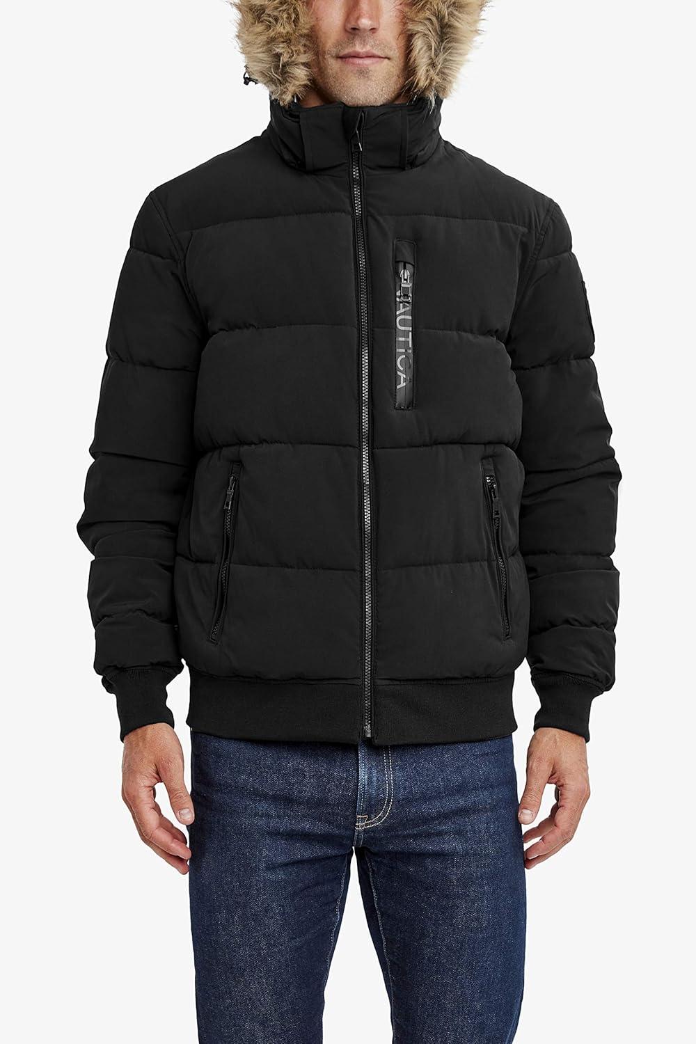 imageNautica Mens Midweight Faux Memory Puffer Jacket Adjustable Hood Insulated Quilted Winter CoatCaviar