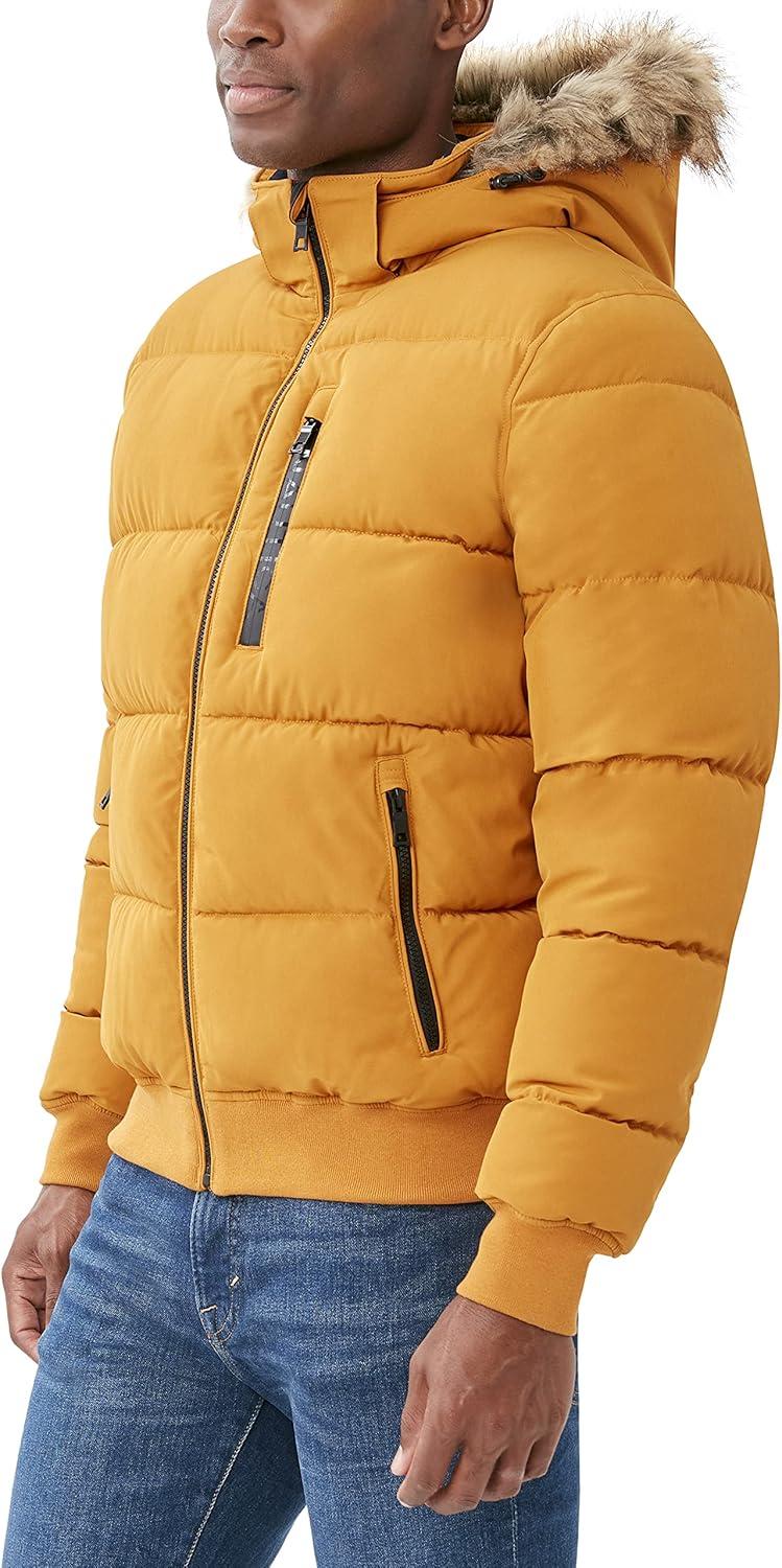 imageNautica Mens Midweight Faux Memory Puffer Jacket Adjustable Hood Insulated Quilted Winter CoatCitrus