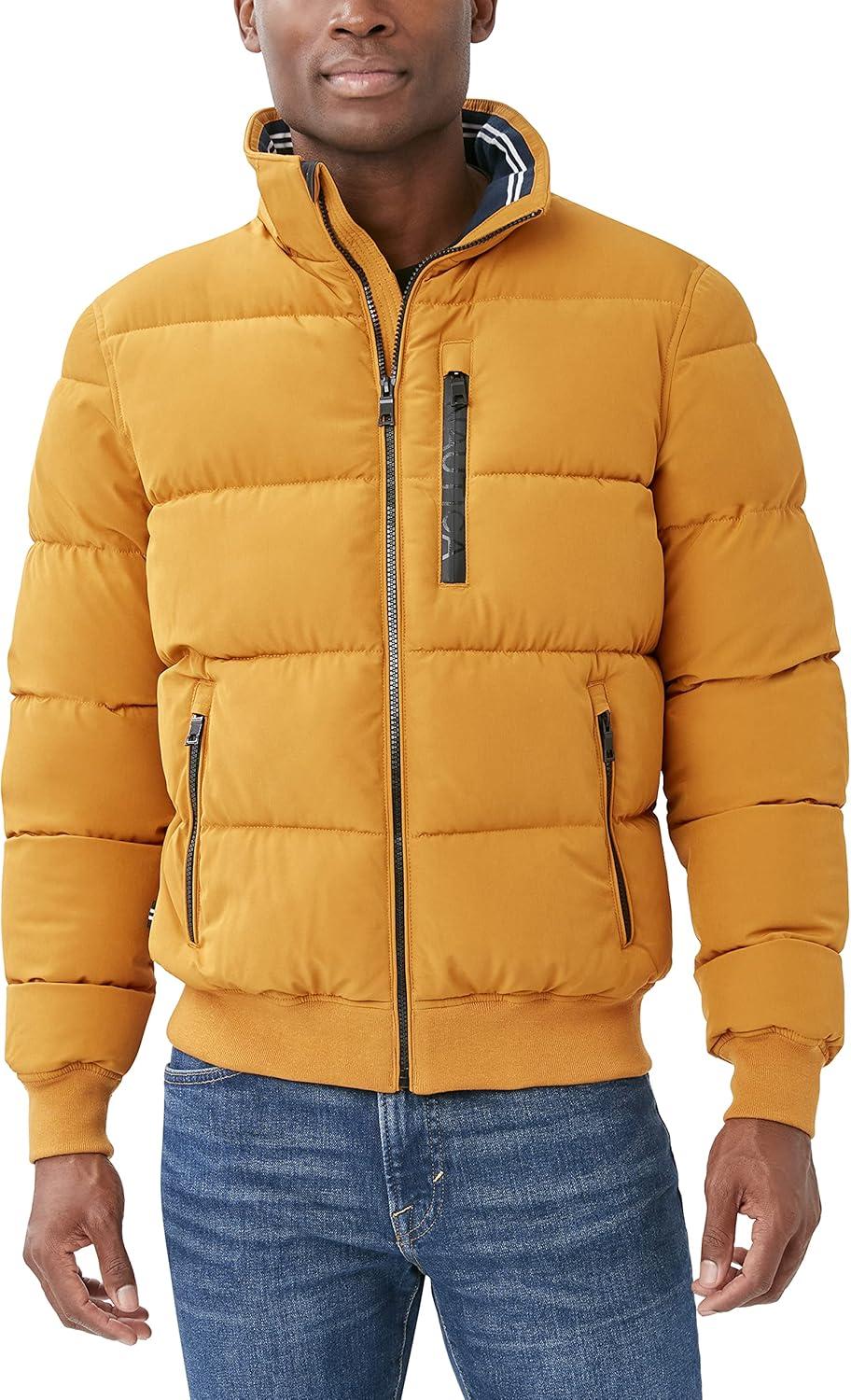 imageNautica Mens Midweight Faux Memory Puffer Jacket Adjustable Hood Insulated Quilted Winter CoatCitrus