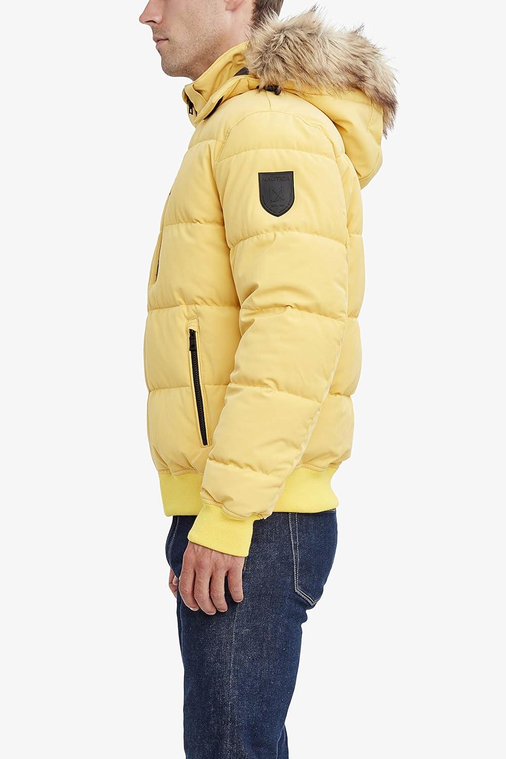 imageNautica Mens Midweight Faux Memory Puffer Jacket Adjustable Hood Insulated Quilted Winter CoatMustard