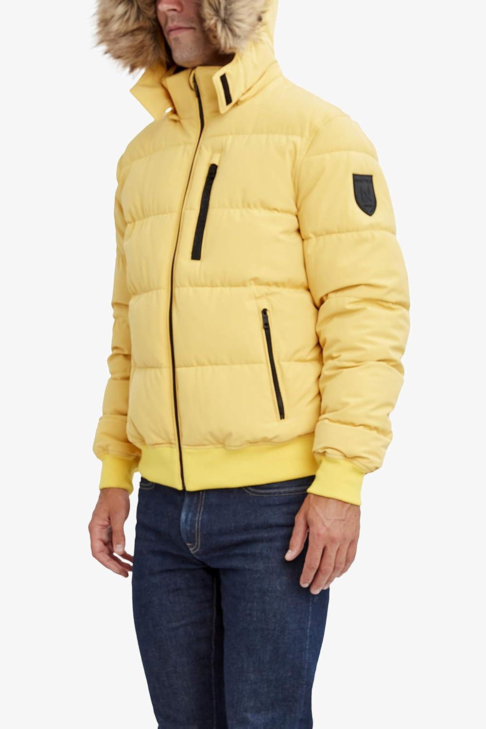 imageNautica Mens Midweight Faux Memory Puffer Jacket Adjustable Hood Insulated Quilted Winter CoatMustard