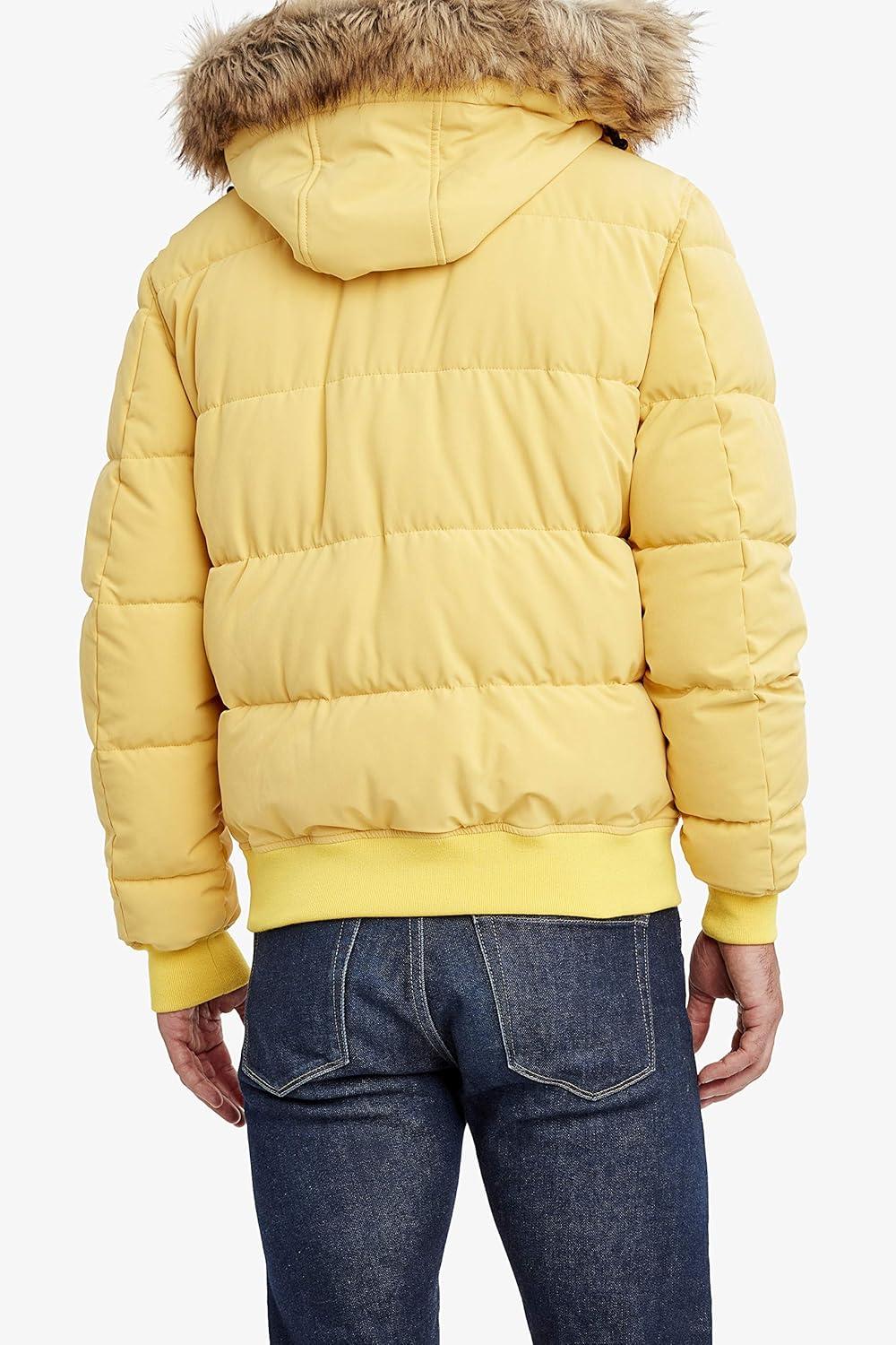 imageNautica Mens Midweight Faux Memory Puffer Jacket Adjustable Hood Insulated Quilted Winter CoatMustard