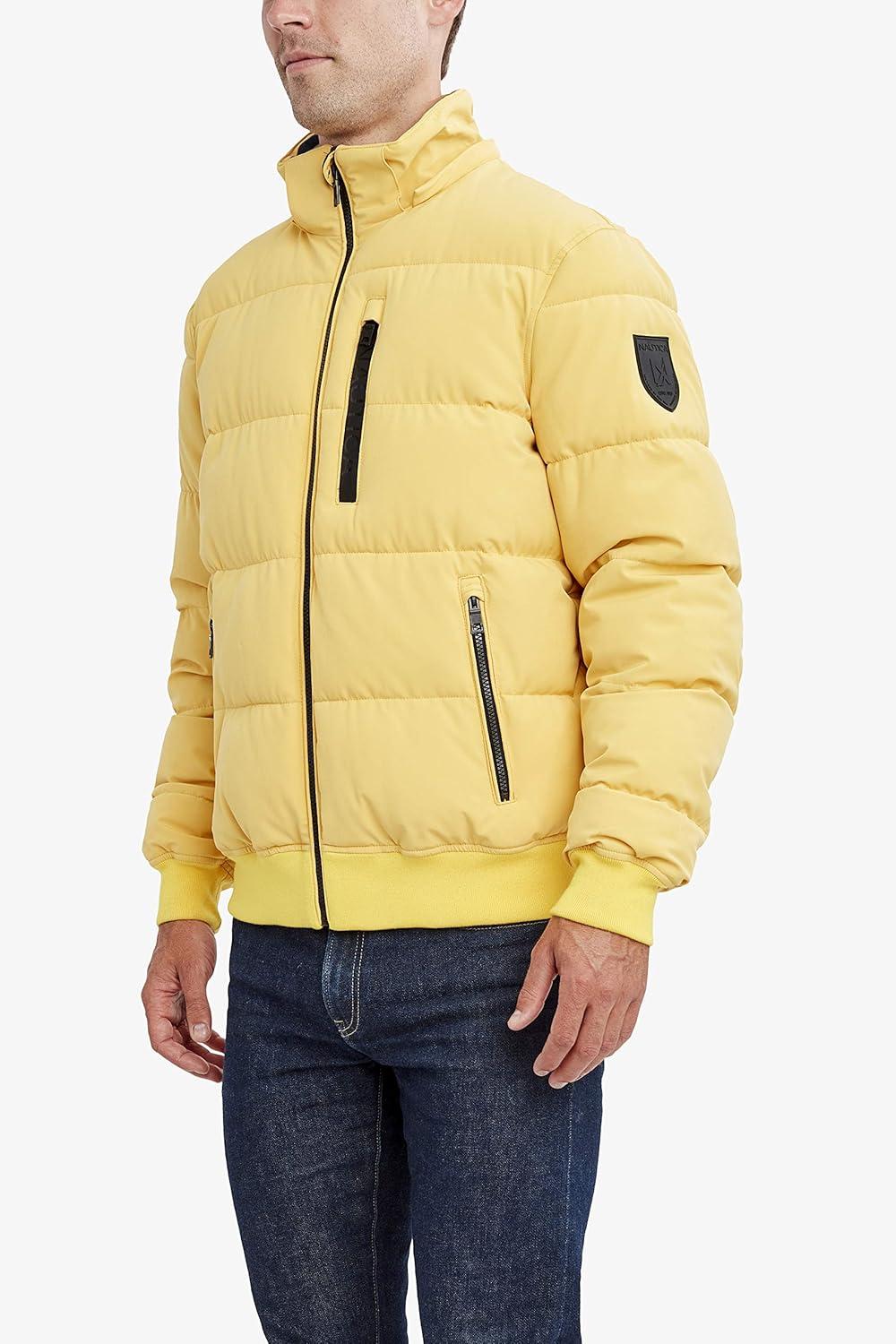 imageNautica Mens Midweight Faux Memory Puffer Jacket Adjustable Hood Insulated Quilted Winter CoatMustard
