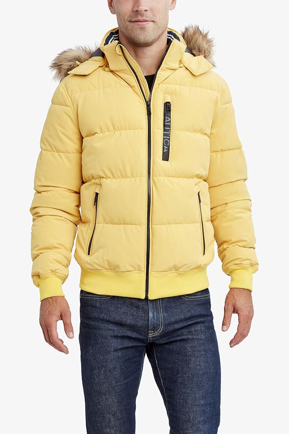 imageNautica Mens Midweight Faux Memory Puffer Jacket Adjustable Hood Insulated Quilted Winter CoatMustard