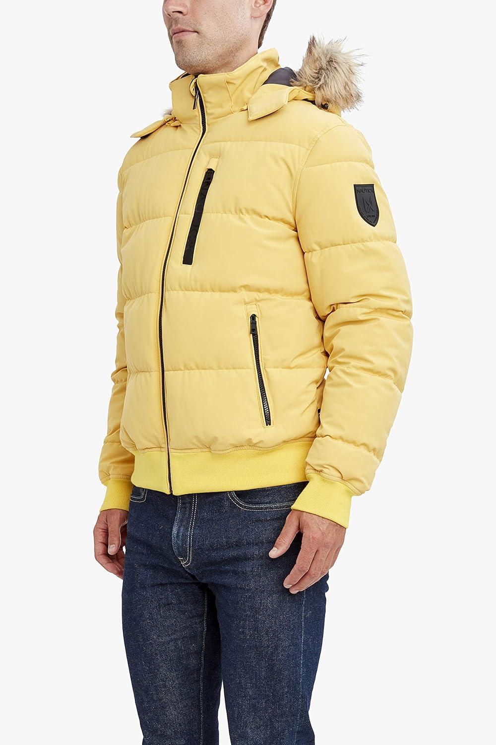 imageNautica Mens Midweight Faux Memory Puffer Jacket Adjustable Hood Insulated Quilted Winter CoatMustard