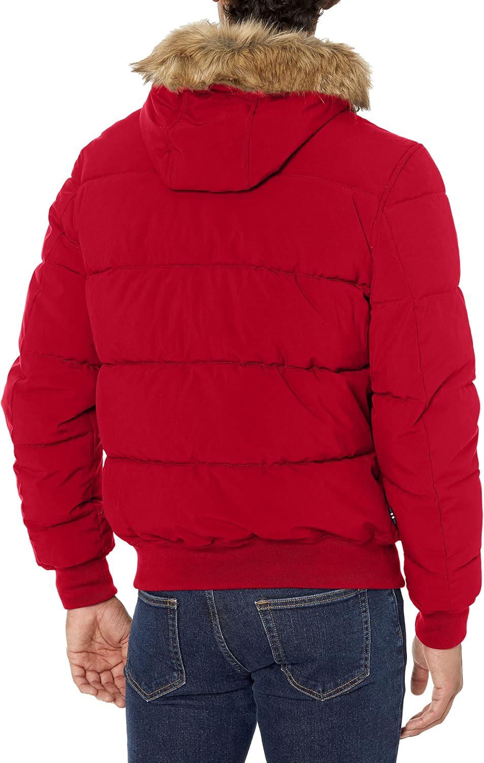 imageNautica Mens Midweight Faux Memory Puffer Jacket Adjustable Hood Insulated Quilted Winter CoatRuby