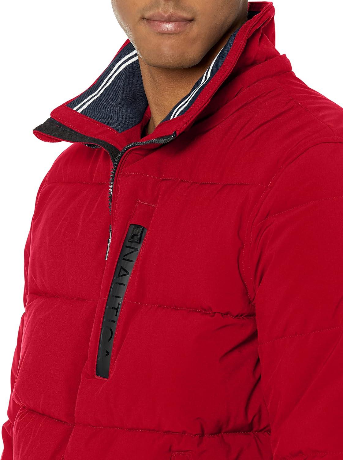 imageNautica Mens Midweight Faux Memory Puffer Jacket Adjustable Hood Insulated Quilted Winter CoatRuby