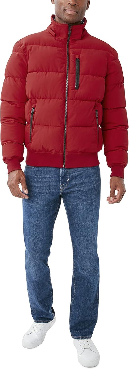 imageNautica Mens Midweight Faux Memory Puffer Jacket Adjustable Hood Insulated Quilted Winter CoatRuby