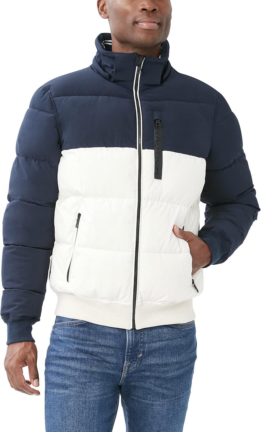 imageNautica Mens Midweight Faux Memory Puffer Jacket Adjustable Hood Insulated Quilted Winter CoatSail