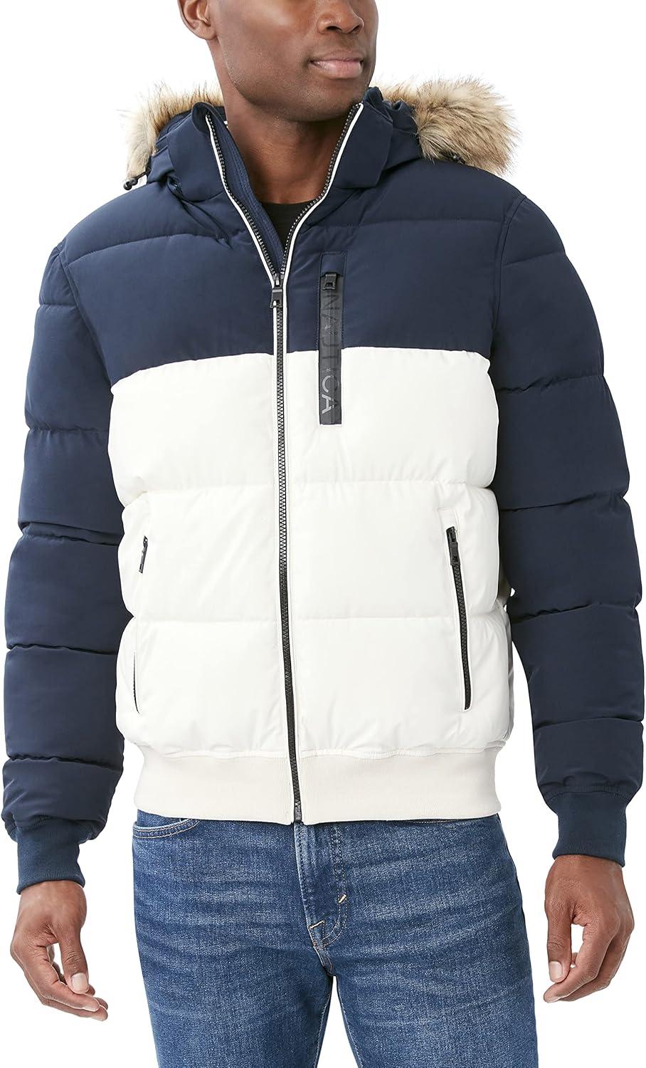 imageNautica Mens Midweight Faux Memory Puffer Jacket Adjustable Hood Insulated Quilted Winter CoatSail
