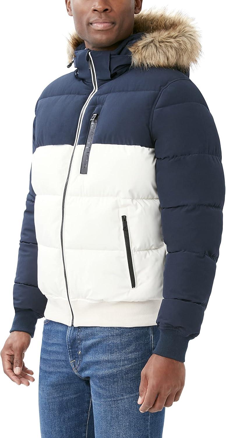 imageNautica Mens Midweight Faux Memory Puffer Jacket Adjustable Hood Insulated Quilted Winter CoatSail