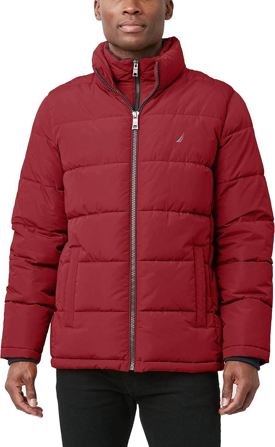 imageNautica Mens Midweight Puffer Jacket with Bib Insert Fleece Collar Insulated Winter CoatRed