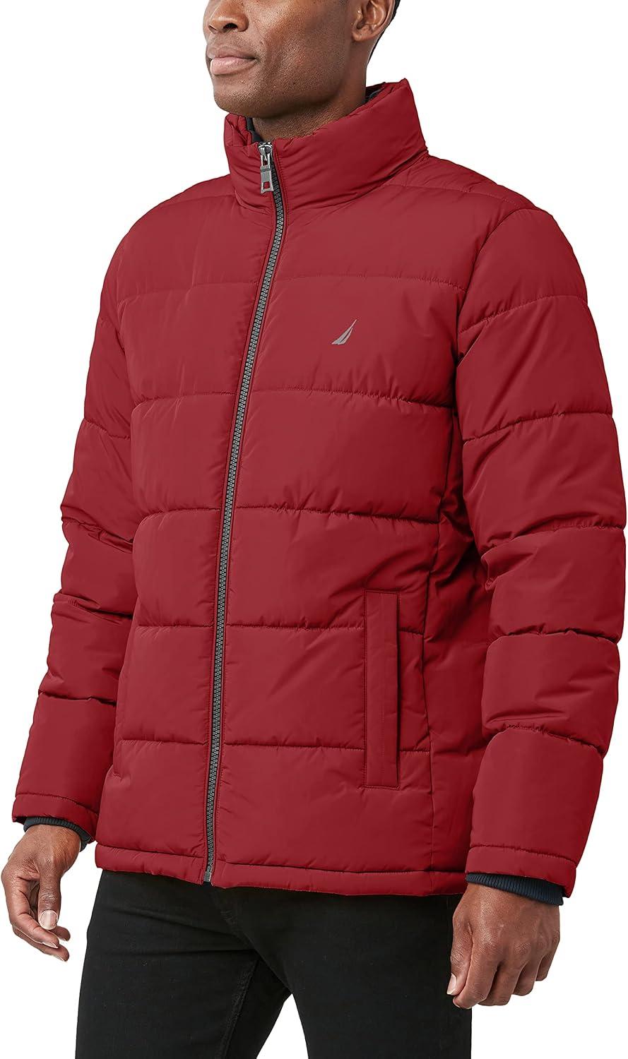 imageNautica Mens Midweight Puffer Jacket with Bib Insert Fleece Collar Insulated Winter CoatRed