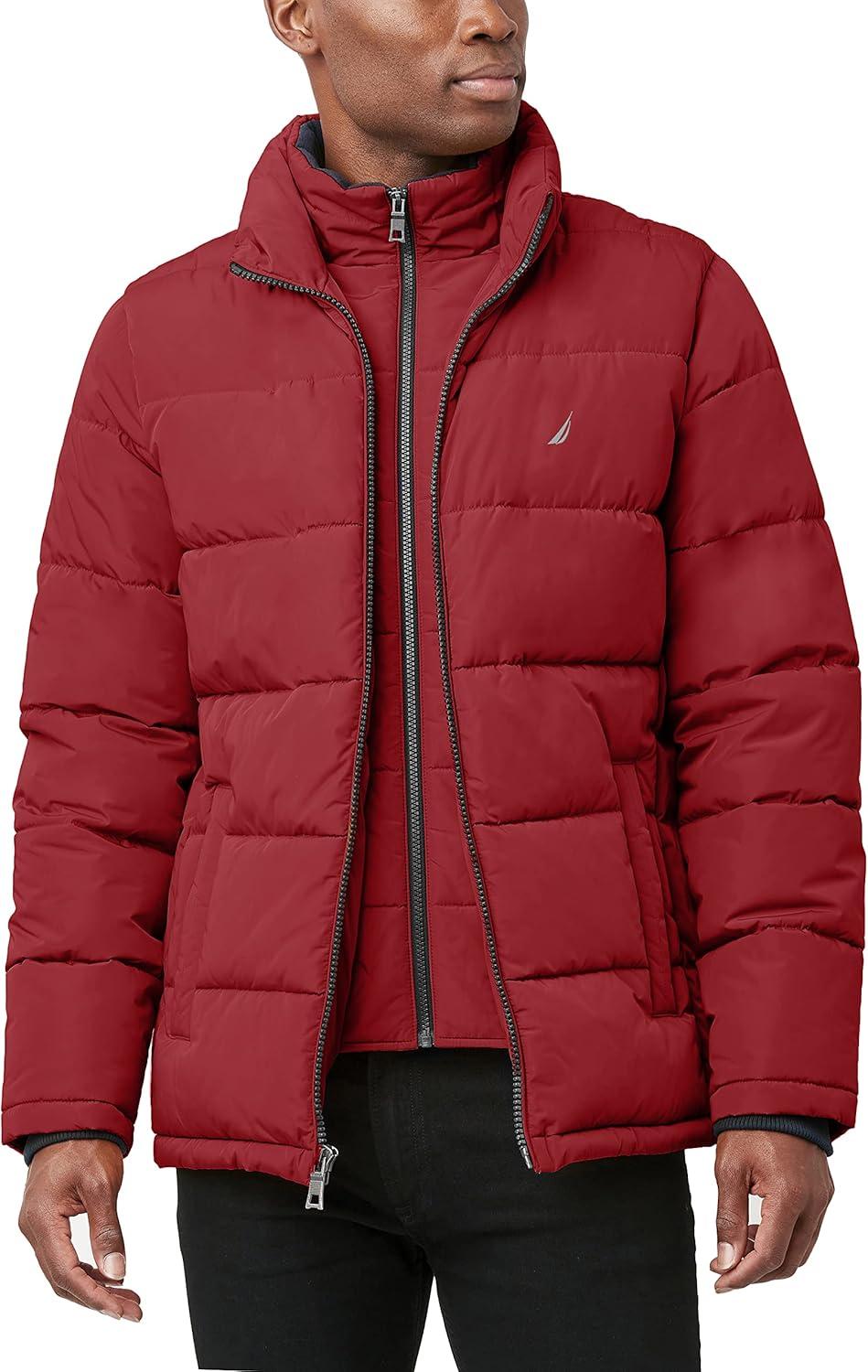 imageNautica Mens Midweight Puffer Jacket with Bib Insert Fleece Collar Insulated Winter CoatRed