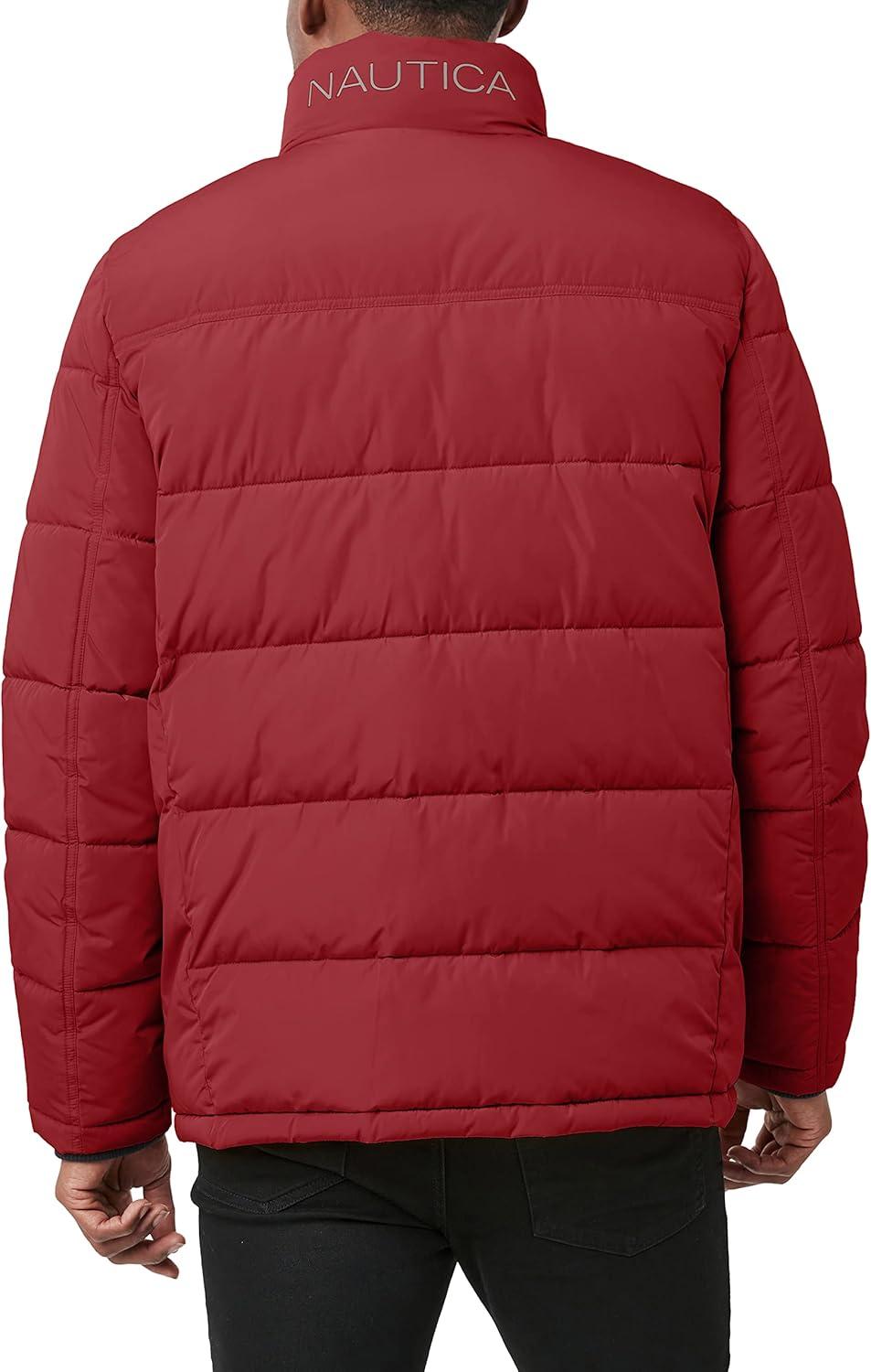 imageNautica Mens Midweight Puffer Jacket with Bib Insert Fleece Collar Insulated Winter CoatRed