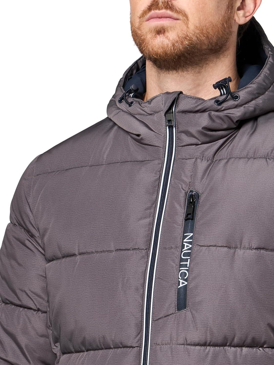 imageNautica Mens Midweight Quilted Faux Memory Puffer Jacket Adjustable Hood Insulated Winter CoatHeather Grey