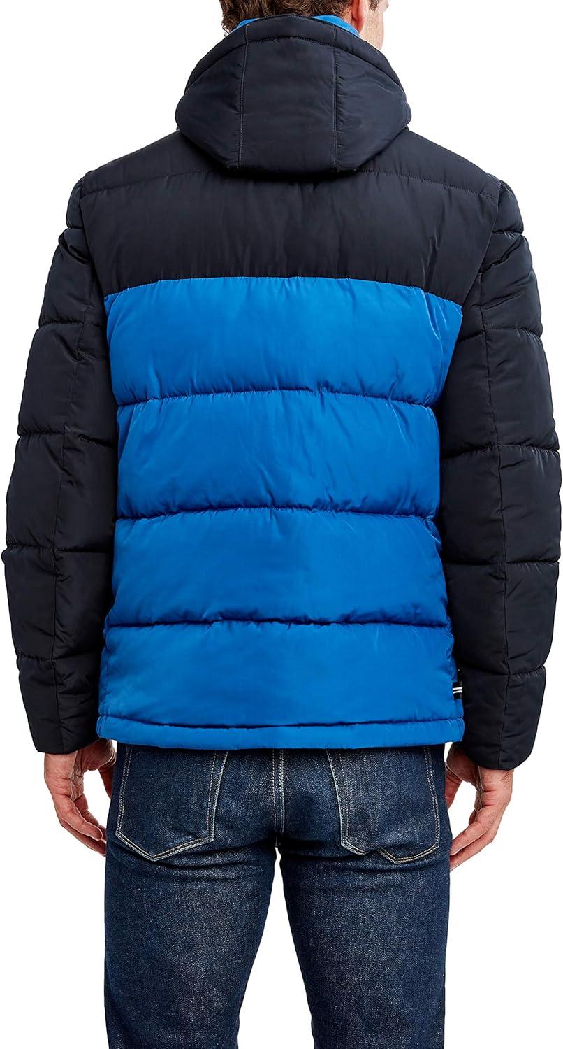 imageNautica Mens Midweight Quilted Faux Memory Puffer Jacket Adjustable Hood Insulated Winter CoatMonaco Blue