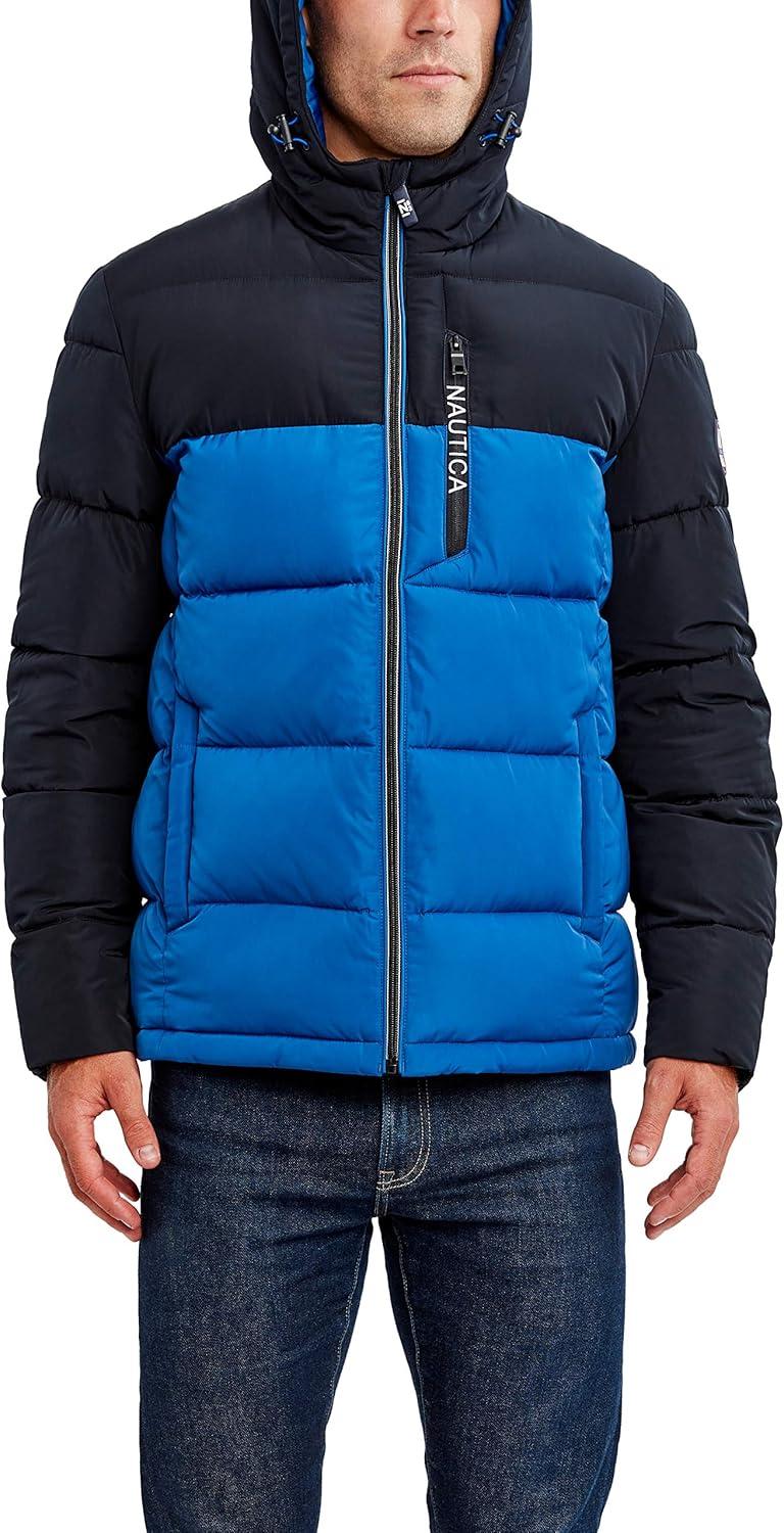 imageNautica Mens Midweight Quilted Faux Memory Puffer Jacket Adjustable Hood Insulated Winter CoatMonaco Blue