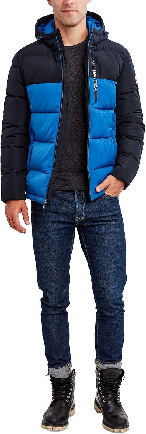 imageNautica Mens Midweight Quilted Faux Memory Puffer Jacket Adjustable Hood Insulated Winter CoatMonaco Blue