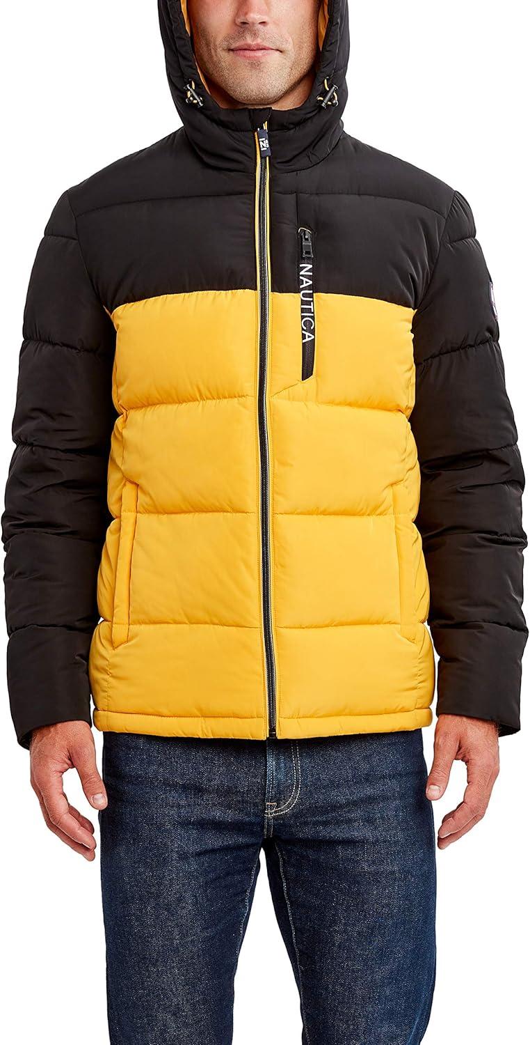 imageNautica Mens Midweight Quilted Faux Memory Puffer Jacket Adjustable Hood Insulated Winter CoatOld Gold