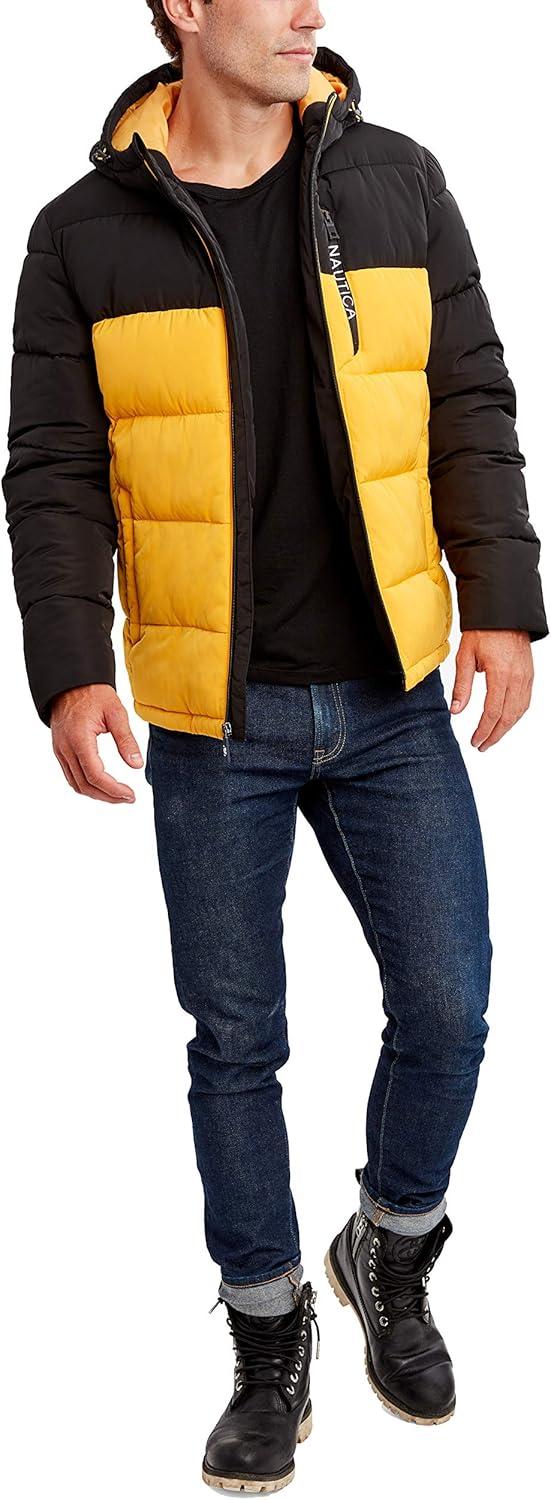 imageNautica Mens Midweight Quilted Faux Memory Puffer Jacket Adjustable Hood Insulated Winter CoatOld Gold