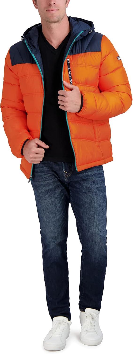 imageNautica Mens Midweight Quilted Faux Memory Puffer Jacket Adjustable Hood Insulated Winter CoatOrange