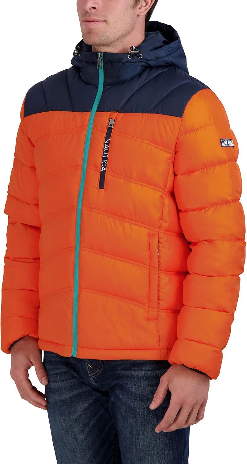 imageNautica Mens Midweight Quilted Faux Memory Puffer Jacket Adjustable Hood Insulated Winter CoatOrange