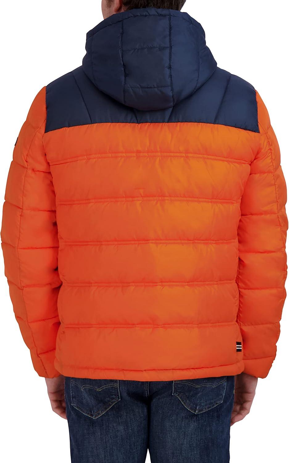 imageNautica Mens Midweight Quilted Faux Memory Puffer Jacket Adjustable Hood Insulated Winter CoatOrange